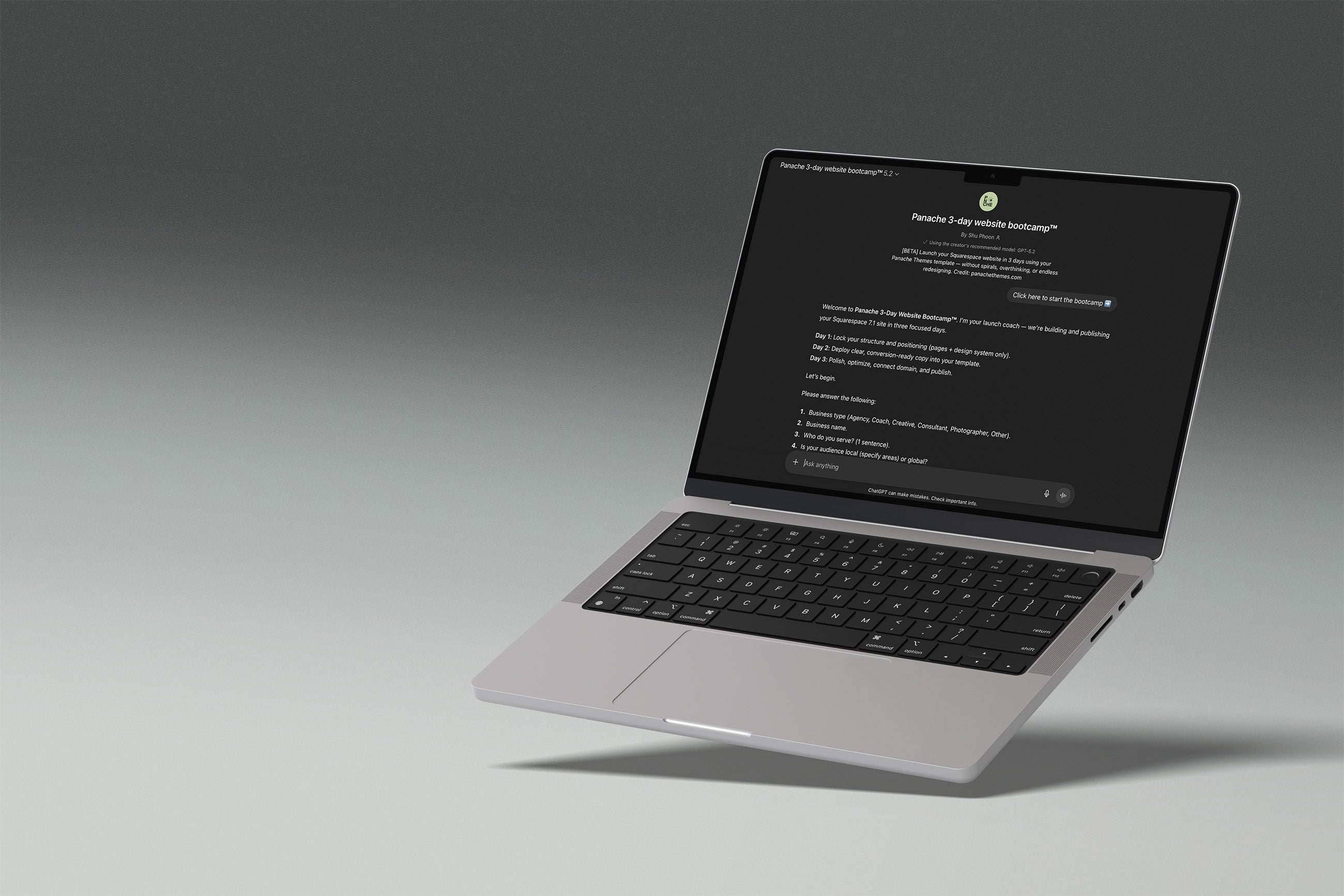 Laptop on a gradient gray background showing the Panache 3-day website bootcamp GPT in action, helping founders launch their website in 3 days